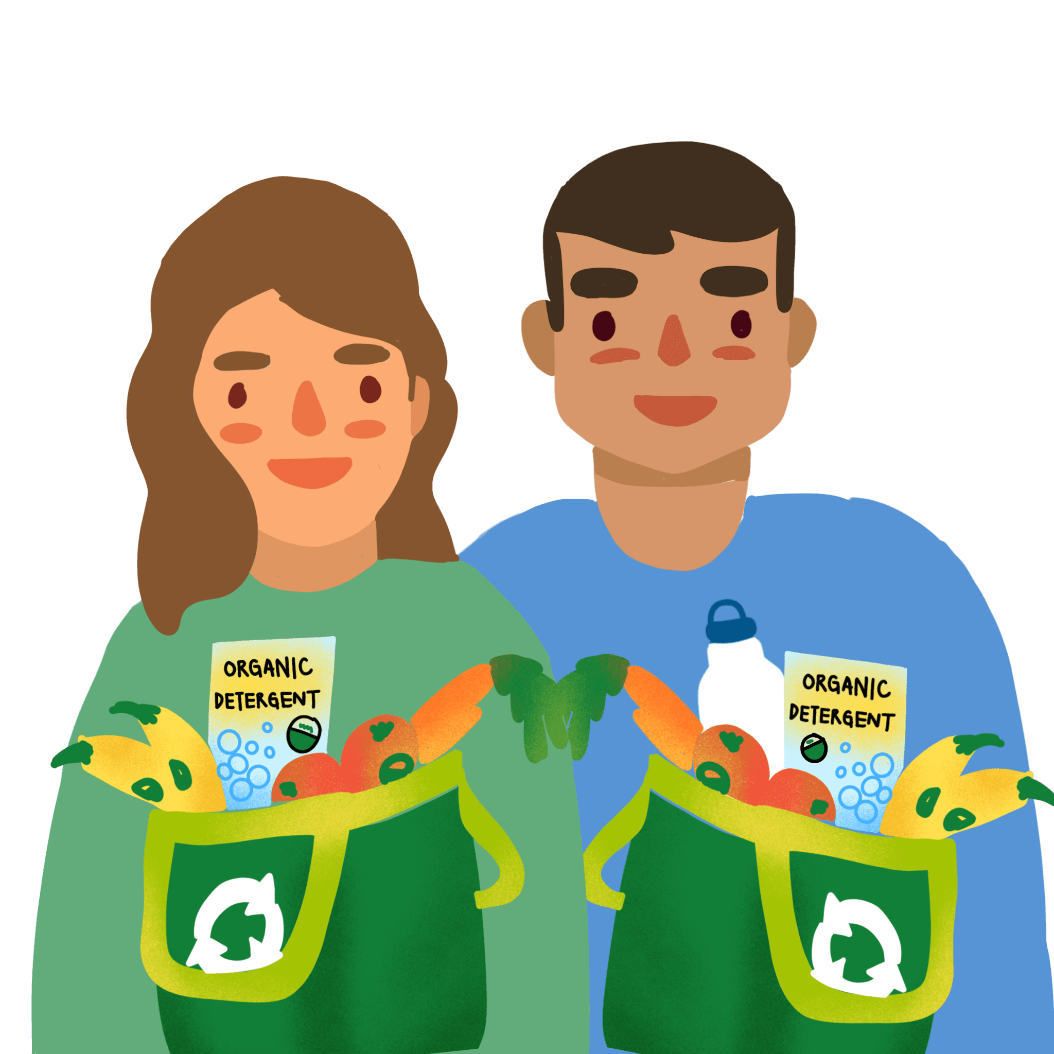 Illustration of two people holding grocery bags with organic detergent